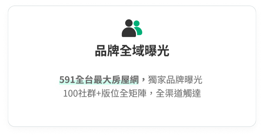 品牌全域曝光:591全台最大房屋網獨家品牌曝光,100社群加版位全矩陣,全渠道觸達