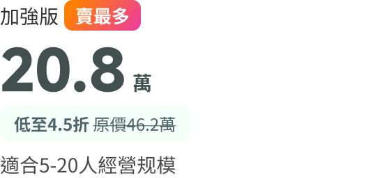 加強版 20.8萬 賣最多 低至4.5折 原價46.2萬 適合5-20人經營規模